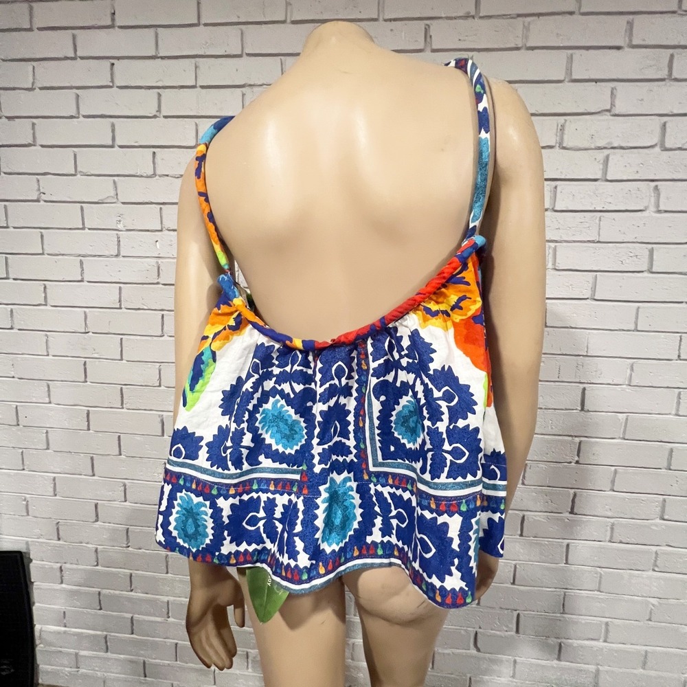 Farm Rio Tapestry Blue Red Mixed Floral Tile Print Halter Top Open Back | M - Picture 8 of 11